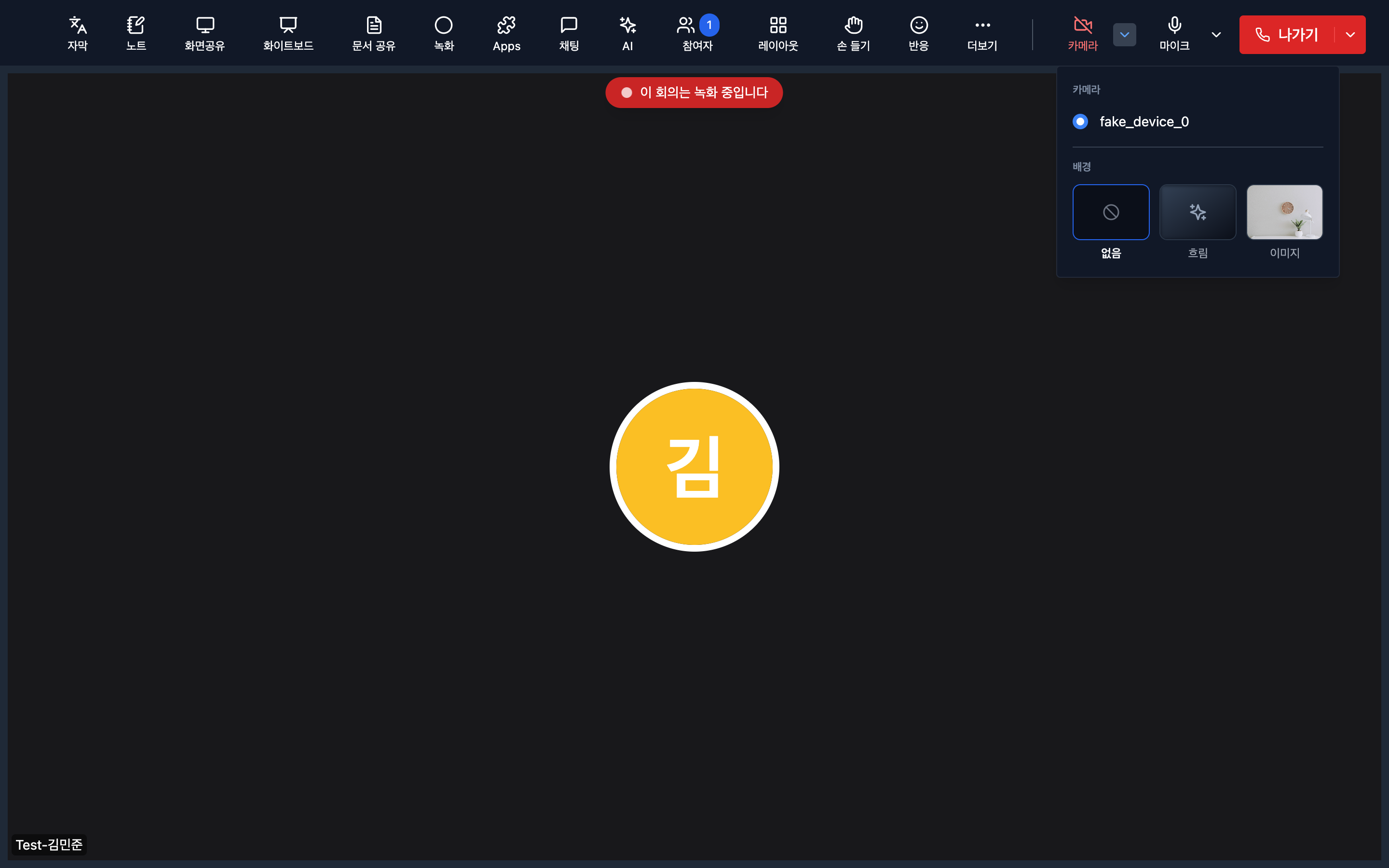 카메라 메뉴. 카메라 장치 선택 아래에 배경(없음·흐림·이미지)이 있다.